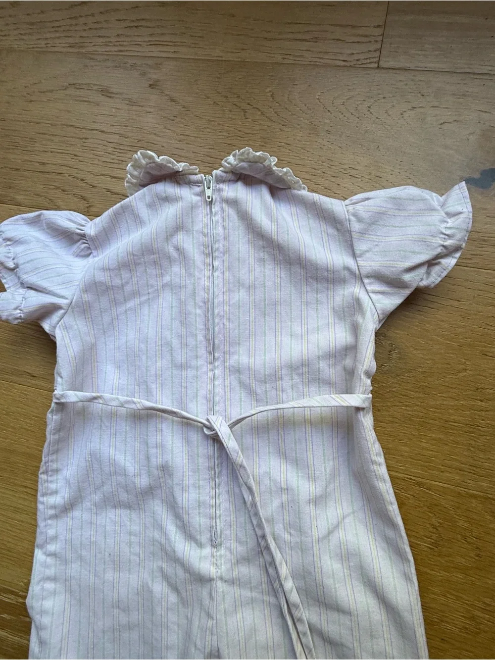 Vintage “By Thomas”  Baby Girl Romper – Pink Stripe Ruffle Collar 18 months